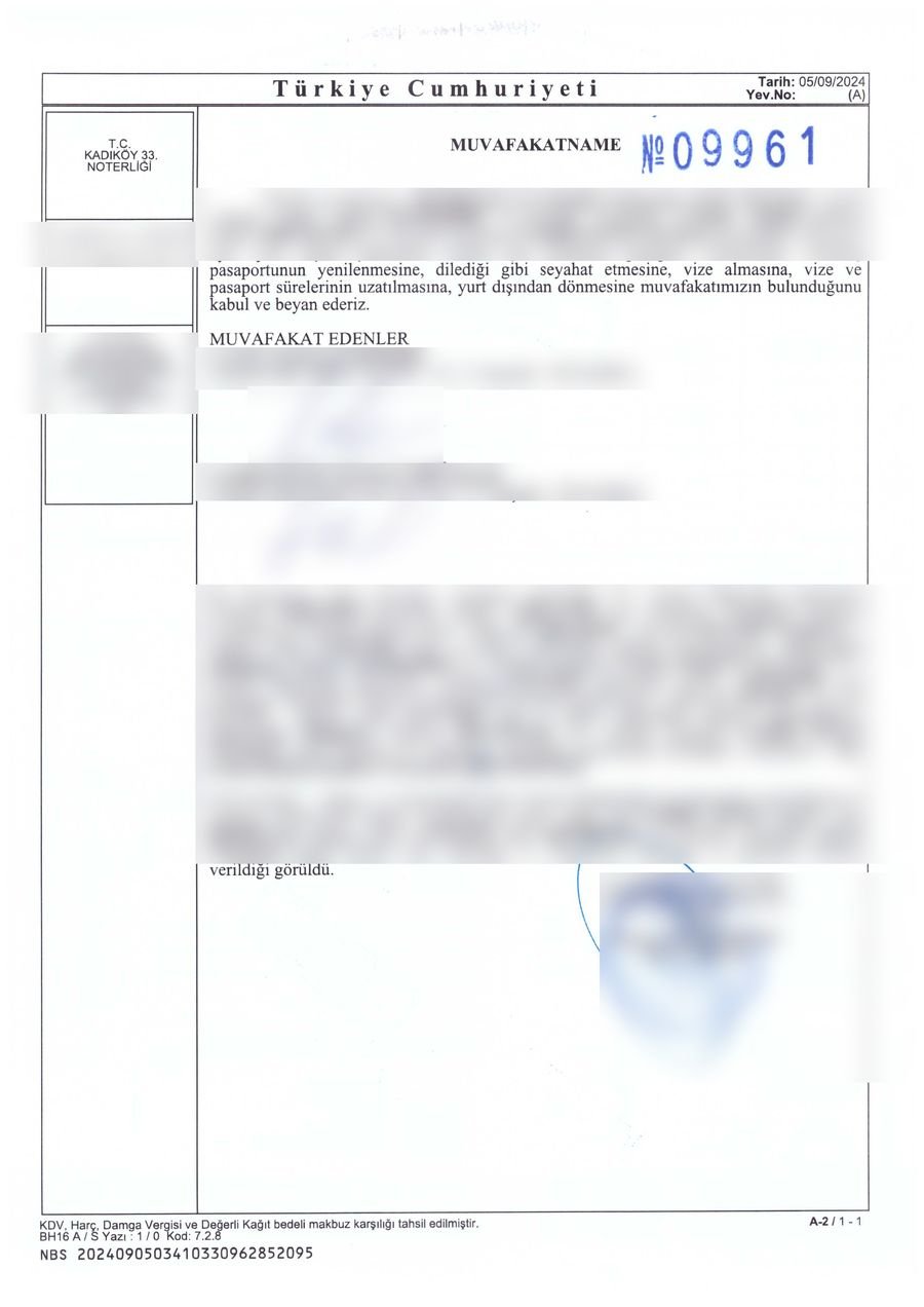 Noter onaylı muvafakatname örneği - kişisel bilgiler gizlenmiştir