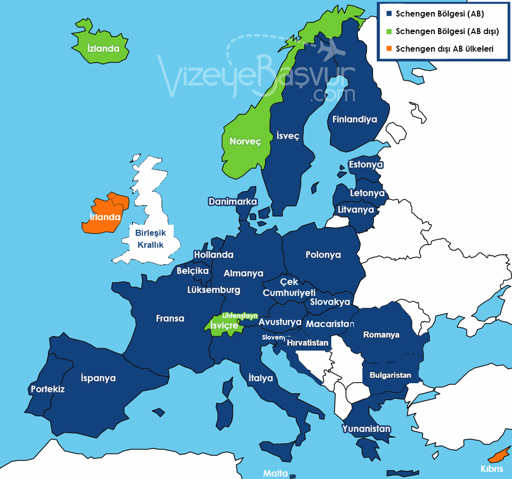 Schengen bölgesi haritası, 29 üye ülke, güncel 2026 - AB Schengen, AB dışı Schengen ve Schengen dışı AB ülkeleri renk kodlu